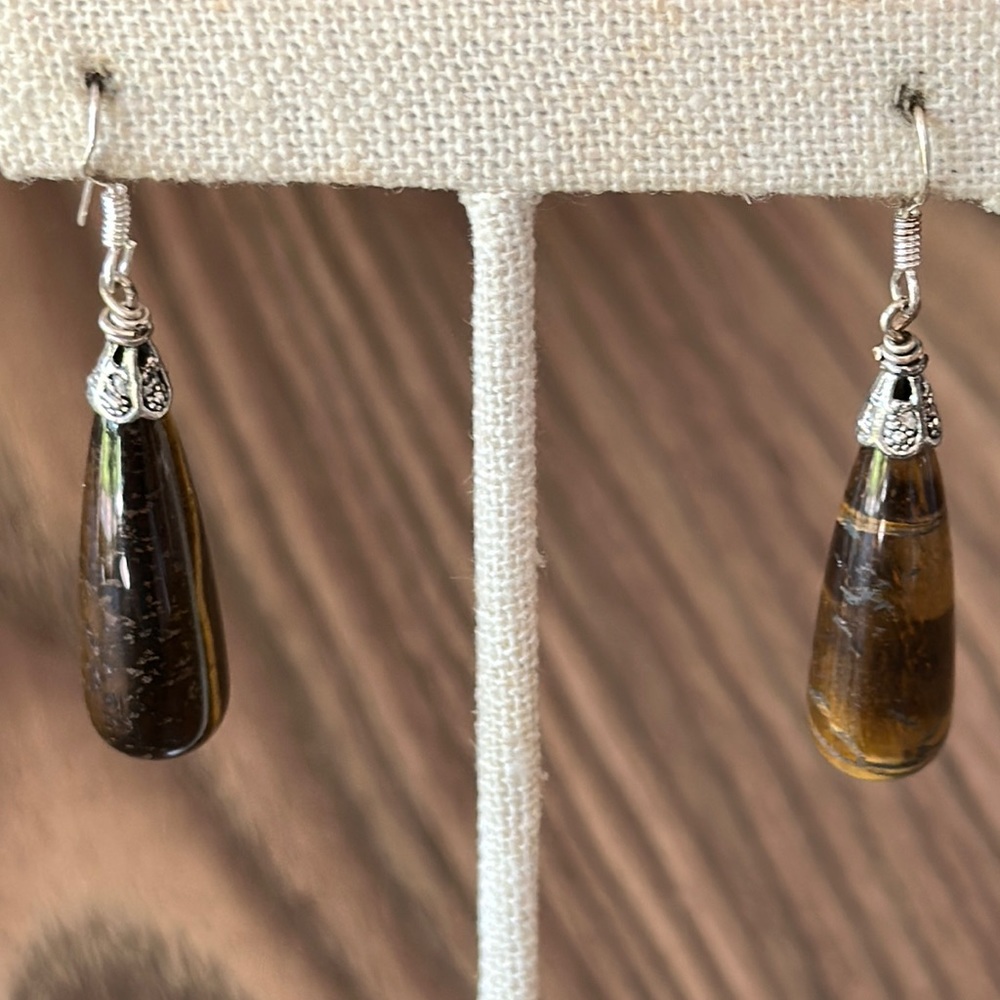 Pierced earrings sterling silver wires tiger eye columns vintage 2”
